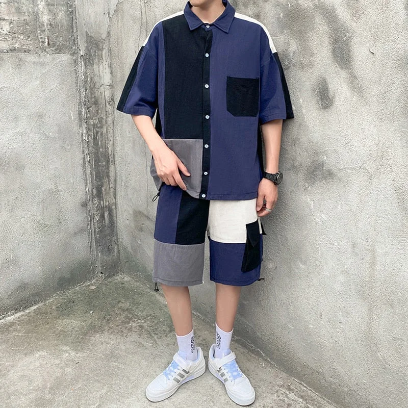 Woherb Men's Set Clothing Shirt Shorts Suit Patchwork Pocket Korean Style Summer Oversize Casual Cotton Short Knee-Length Pants Fashion