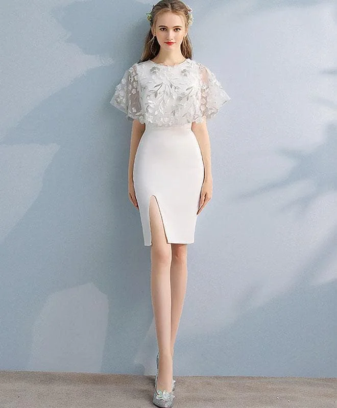 Simple White Lace Mermaid Short Prom Dress, White Evening Dress