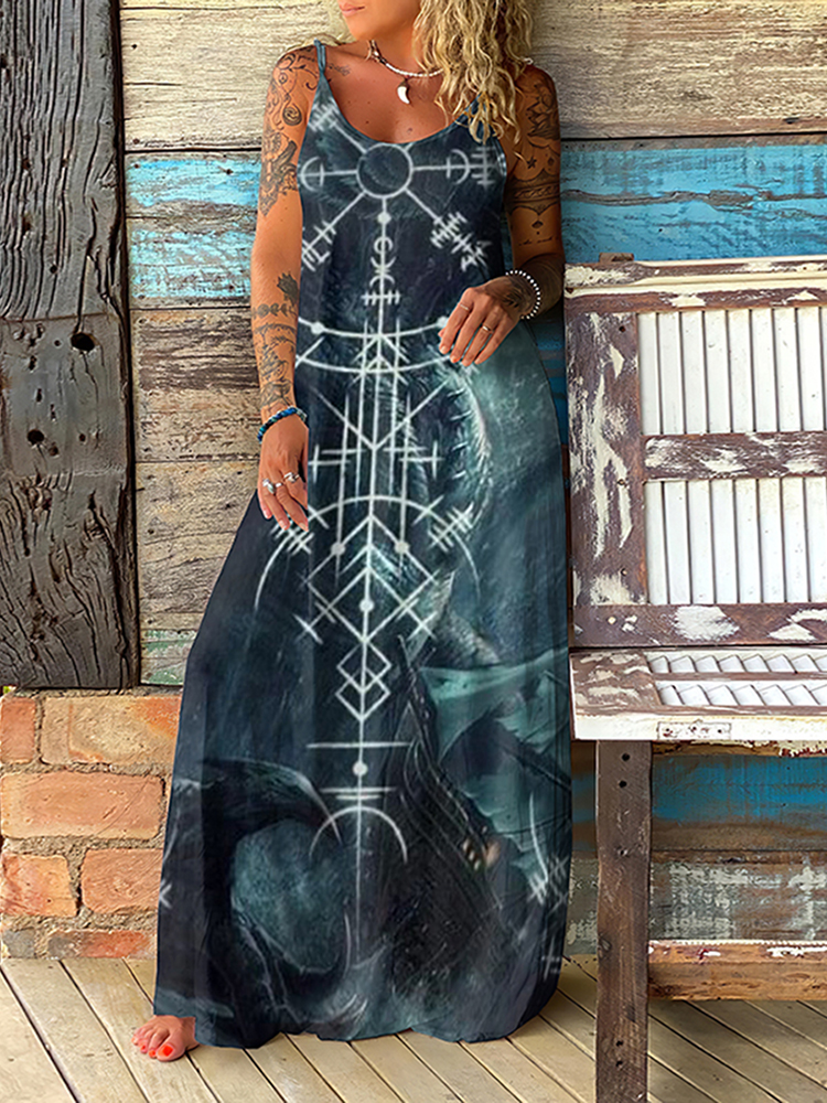 Comstylish Vintage Viking Print Suspender Casual Maxi Dress