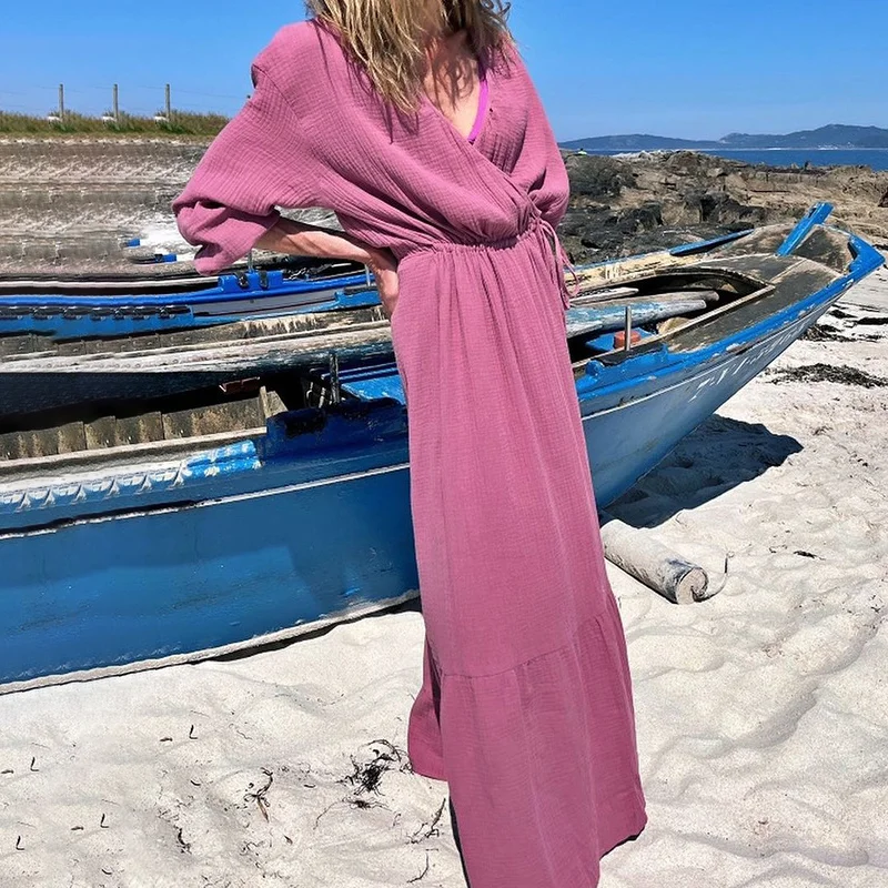 Solid Color V-Neck Casual Maxi Dress