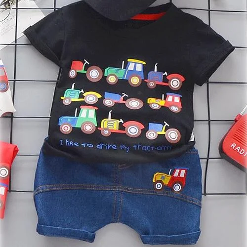 Toddler Baby Boy Clothes Summer Set Kid Boys Set Short Sleeve Car Print T shirt Soft Denim Infant Children Clothing Outfit