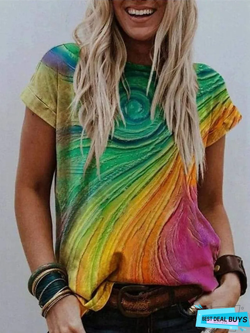 Women's T-Shirt Color Block Round Neck Tops Basic Top Yellow Orange Green