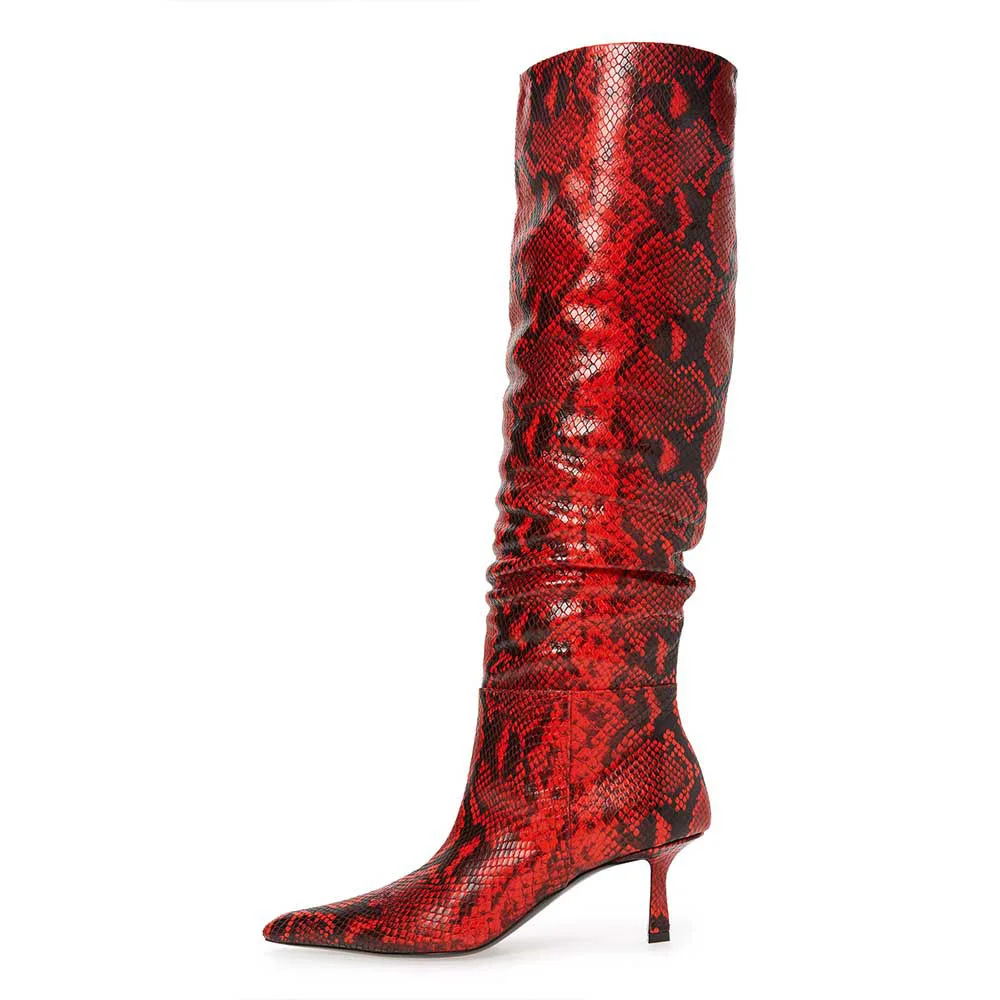 Red Vegan Leather Sophisticated Croc Embossed Heeled Over The Knee Boots    Nicepairs