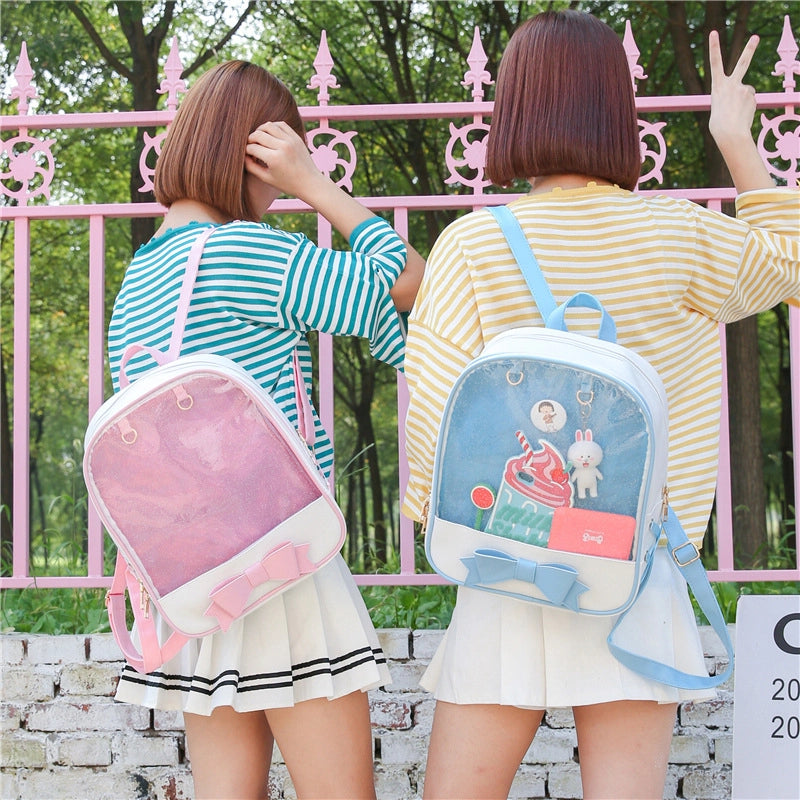 New Japanese Soft Girl Bow Cute Fresh Backpack Pain Bag Women's College Student Schoolbag Transparent Bag