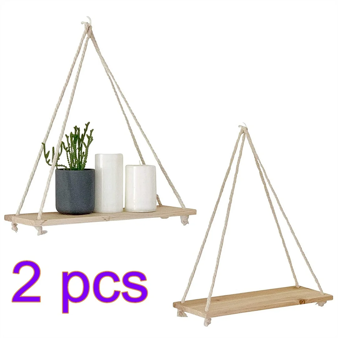 2PCS Wooden Rope Swing Wall Hanging Shelves Plant Flower Mounted Floating Wall Shelves Home Decoration Modern Simple Design