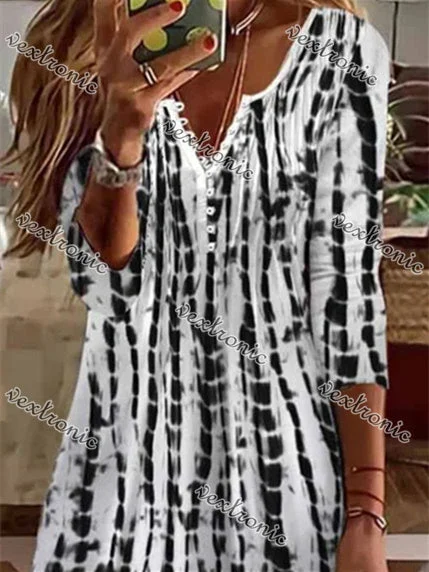 Women's White 3/4 Sleeve V-neck Graphic Midi Dress