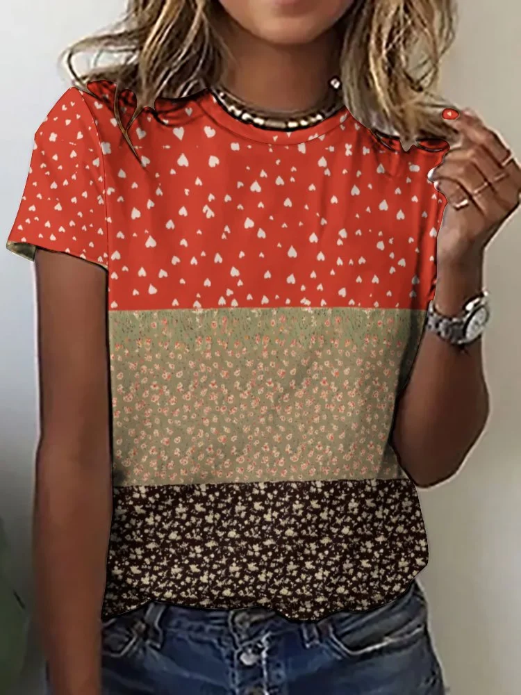 Printed Short Sleeve Casual T-shirt for  Women and Men Unisex Pattern Floral,Heart,Red,Light Coffe,Navy,Stitch