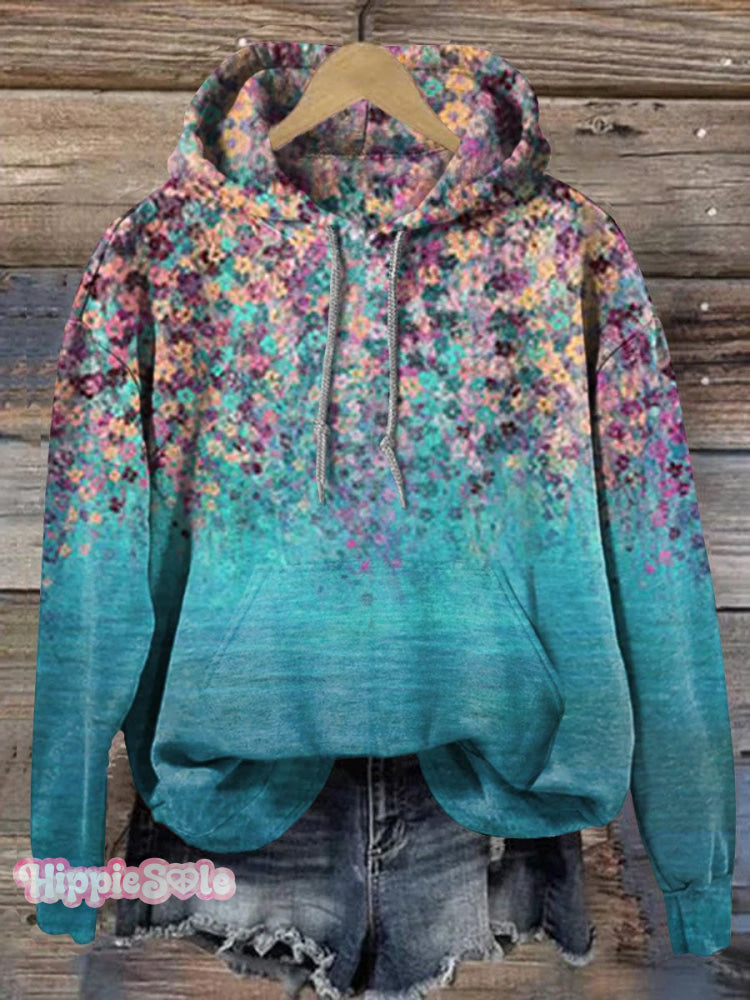 Women’s Floral Tie Dye Art Print Casual Pocket Hooded Sweatshirt Multicolor / S