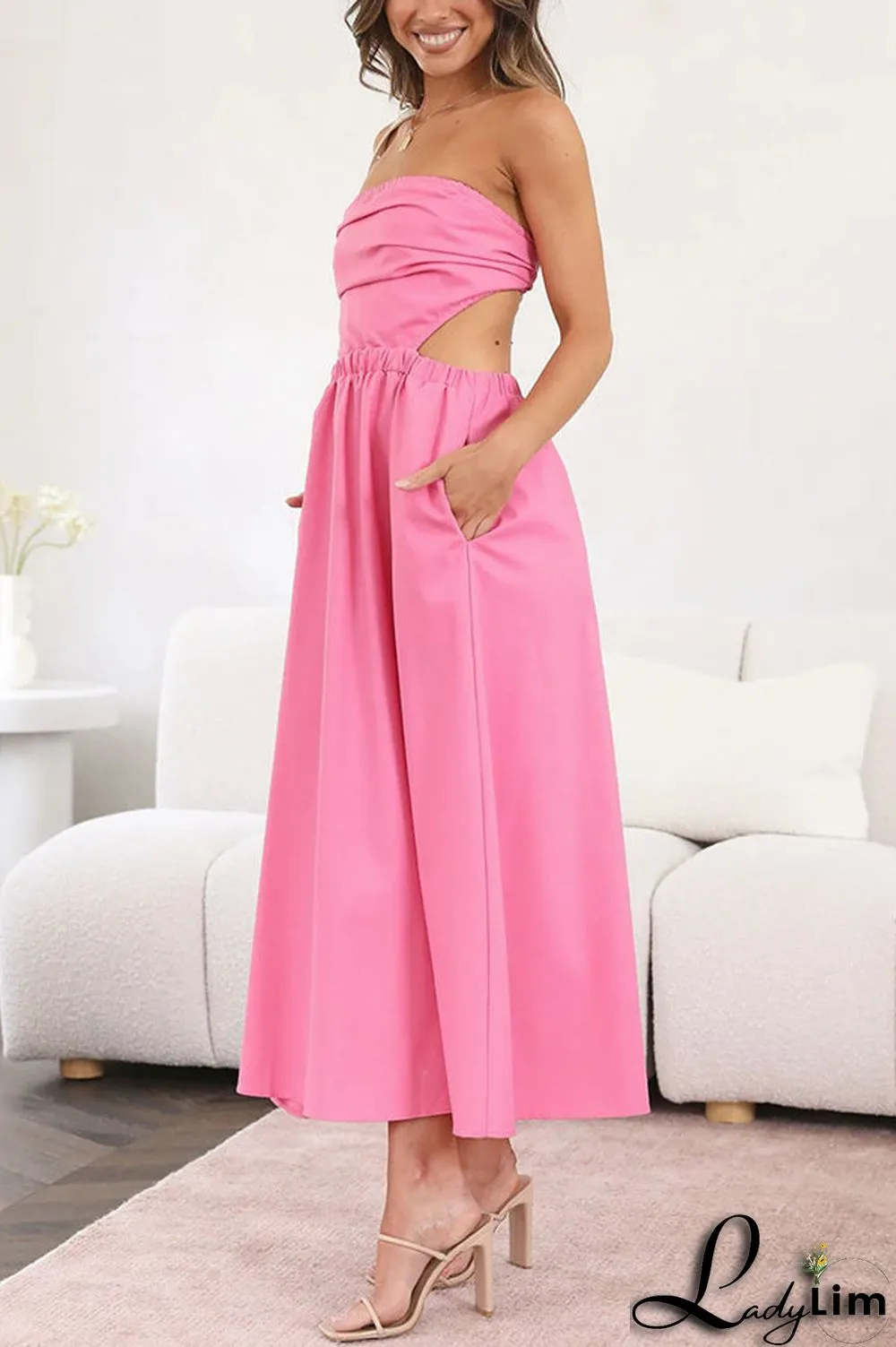 Iconic Luxe Women's Relaxed Midi Dress - Elastic Waist, Pockets, Flowy Two-Tone Fabric