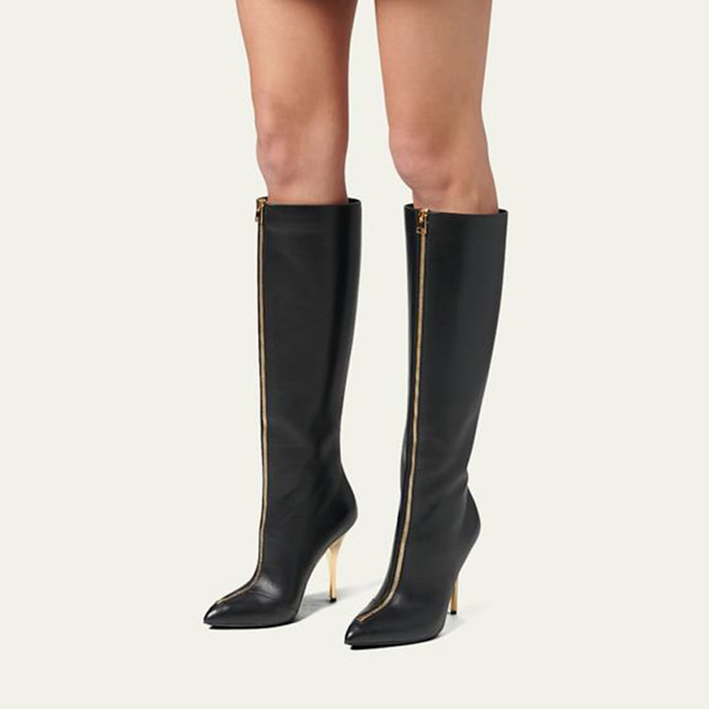 Black Pointed To Stiletto Heel Knee High Winter Boots Nicepairs