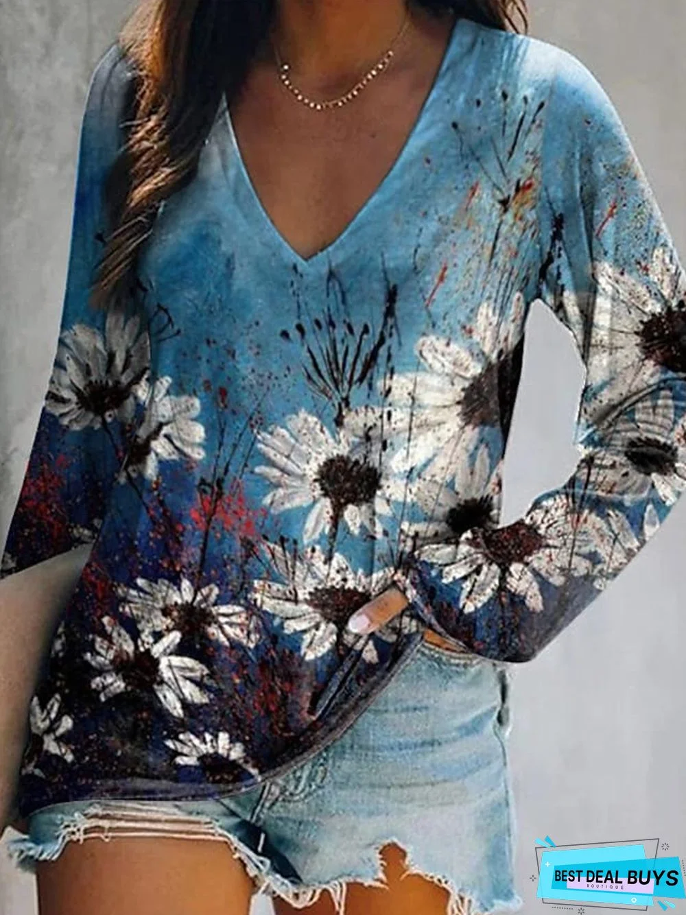 Floral Casual V Neck T-Shirt