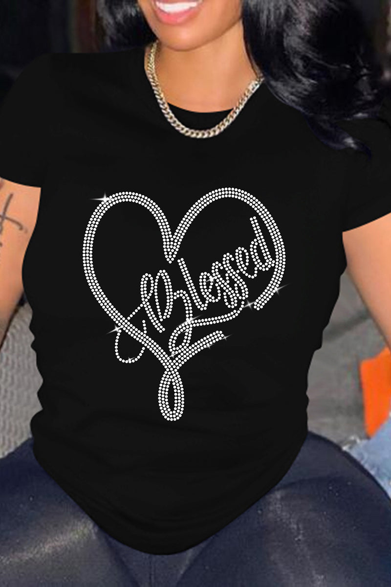Plus Size Casual Graphic Heart O Neck Shiny T-Shirt