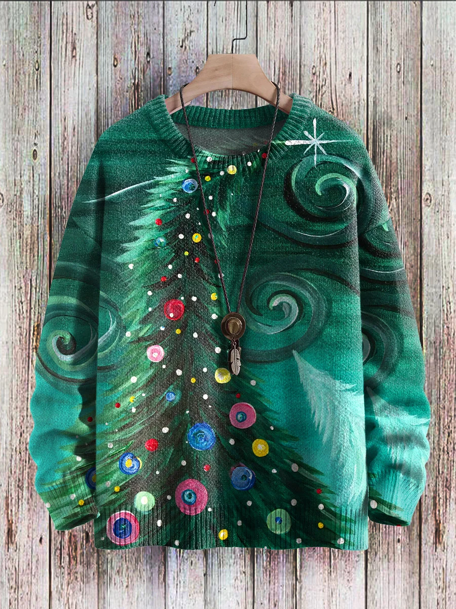 Art Christmas Tree Print Knit Pullover Sweater
