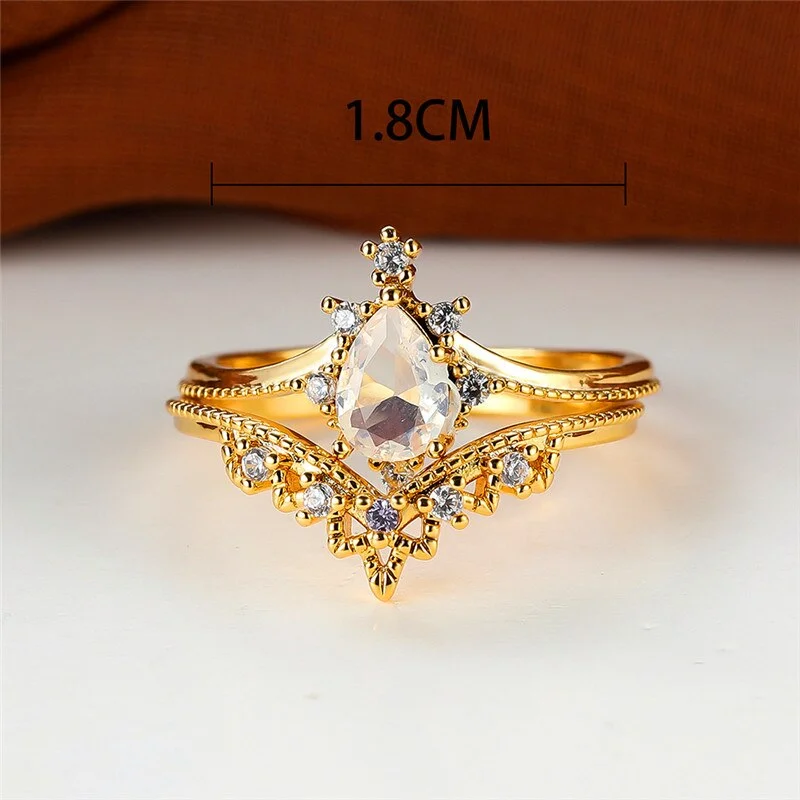 Luxury White Oval Zircon Stone set Ring Female Cute Flower Ring Vintage Yellow Gold Color Wedding Engagement Rings For Women