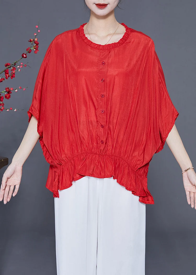Plus Size Red O-Neck Oversized Wrinkled Silk Blouses Batwing Sleeve