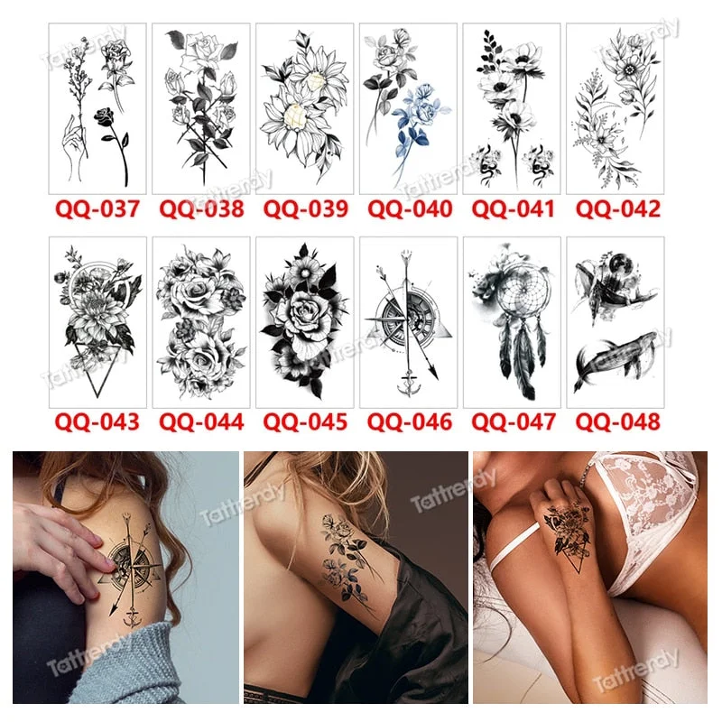 12Pcs/Set Waterproof Temporary Tattoo Sticker Small Rose Daisy Peony Flash Tatoo Flower Hand Ankle Wrist Fake Tatto For Body Art