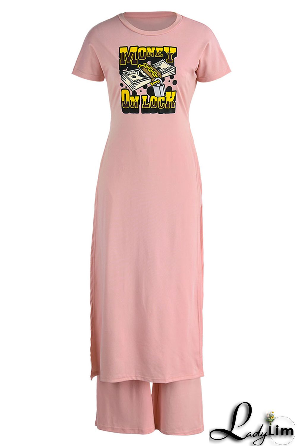 Black Casual Print Patchwork Slit O Neck Short Sleeve Two Pieces