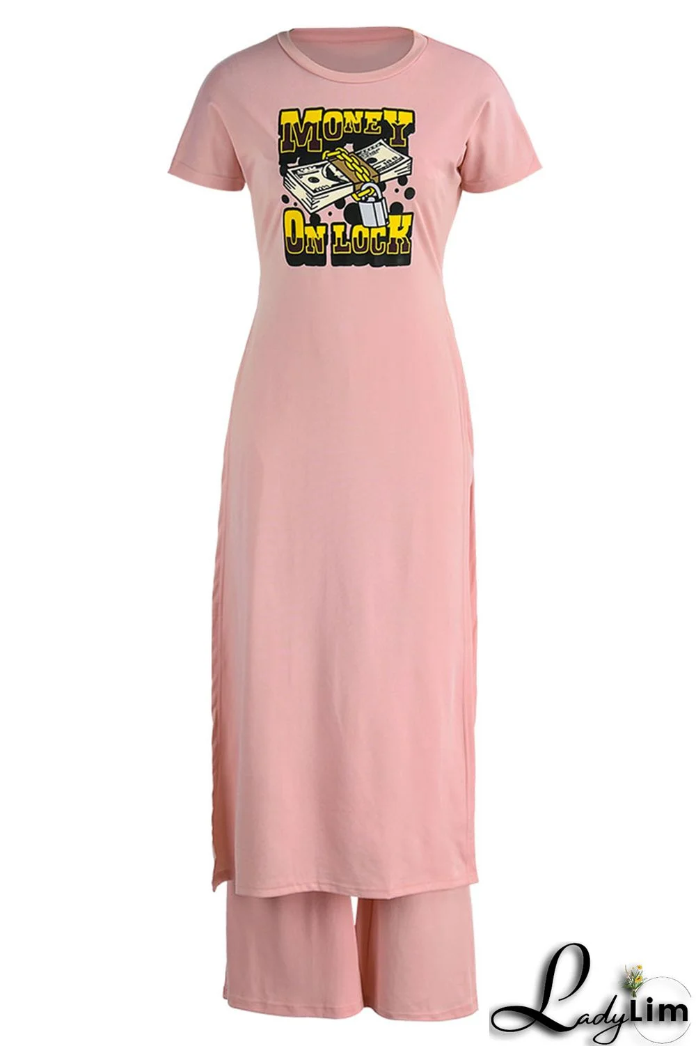 Black Casual Print Patchwork Slit O Neck Short Sleeve Two Pieces