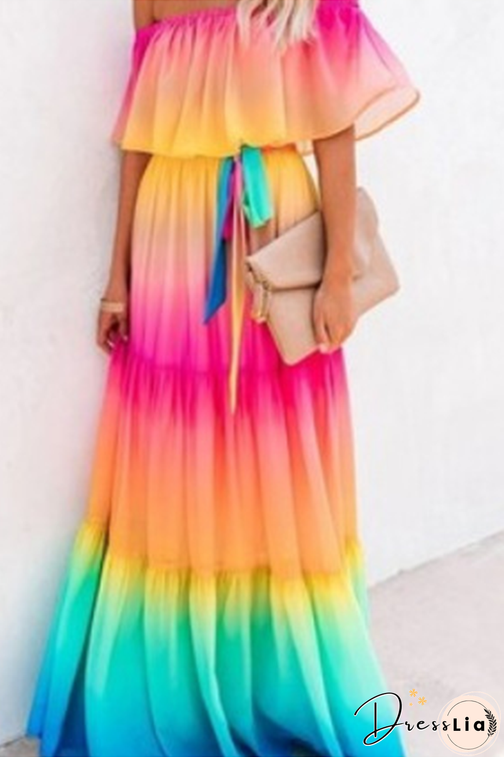 Fashion Gradual Change Flounce Off The Shoulder Cake Skirt Dresses(5 Colors)