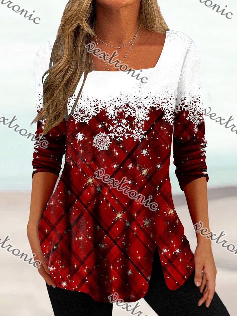 Women Long Sleeve U-neck Printed Plaid Christmas Tops