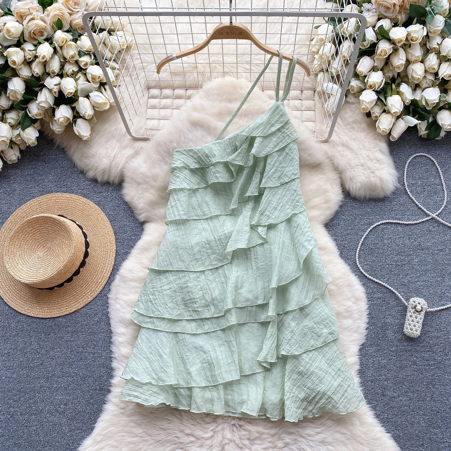 Aiertu Summer Dress Women Diagonal Collar Flounced Edge Tierred Vocation Vestidos Female Exposed Shoulders Dresses Summer Aiertu