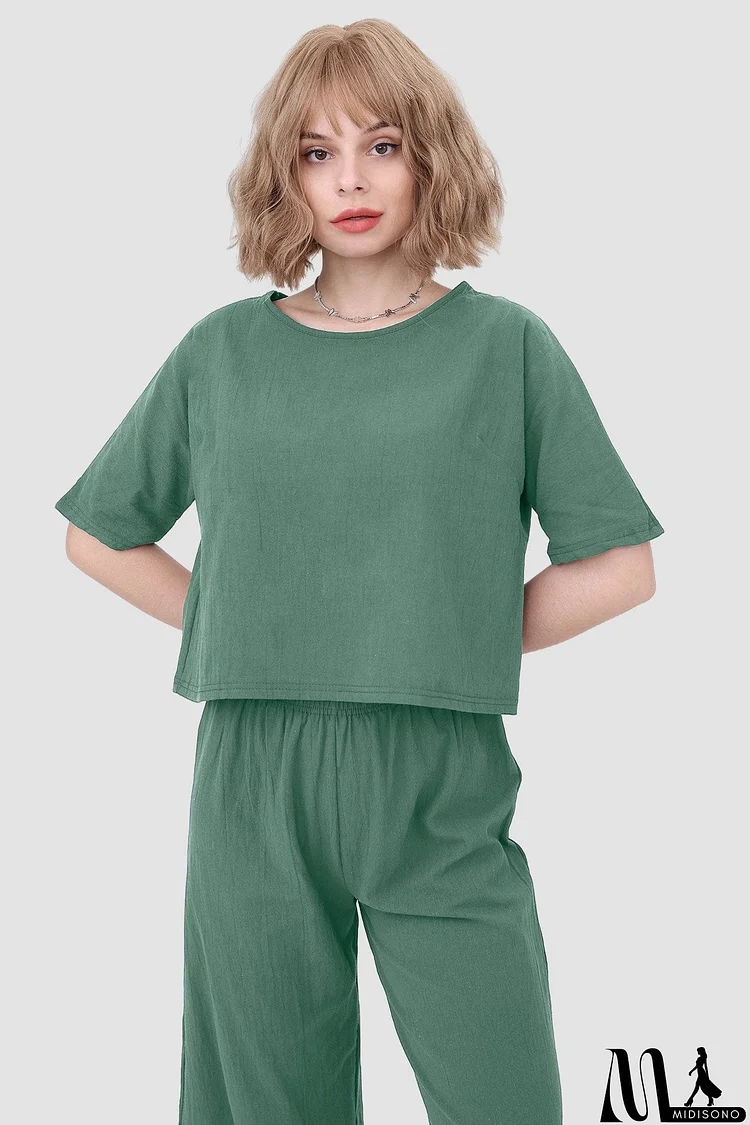 Solid Short Sleeve Top & Elastic Waist Pants