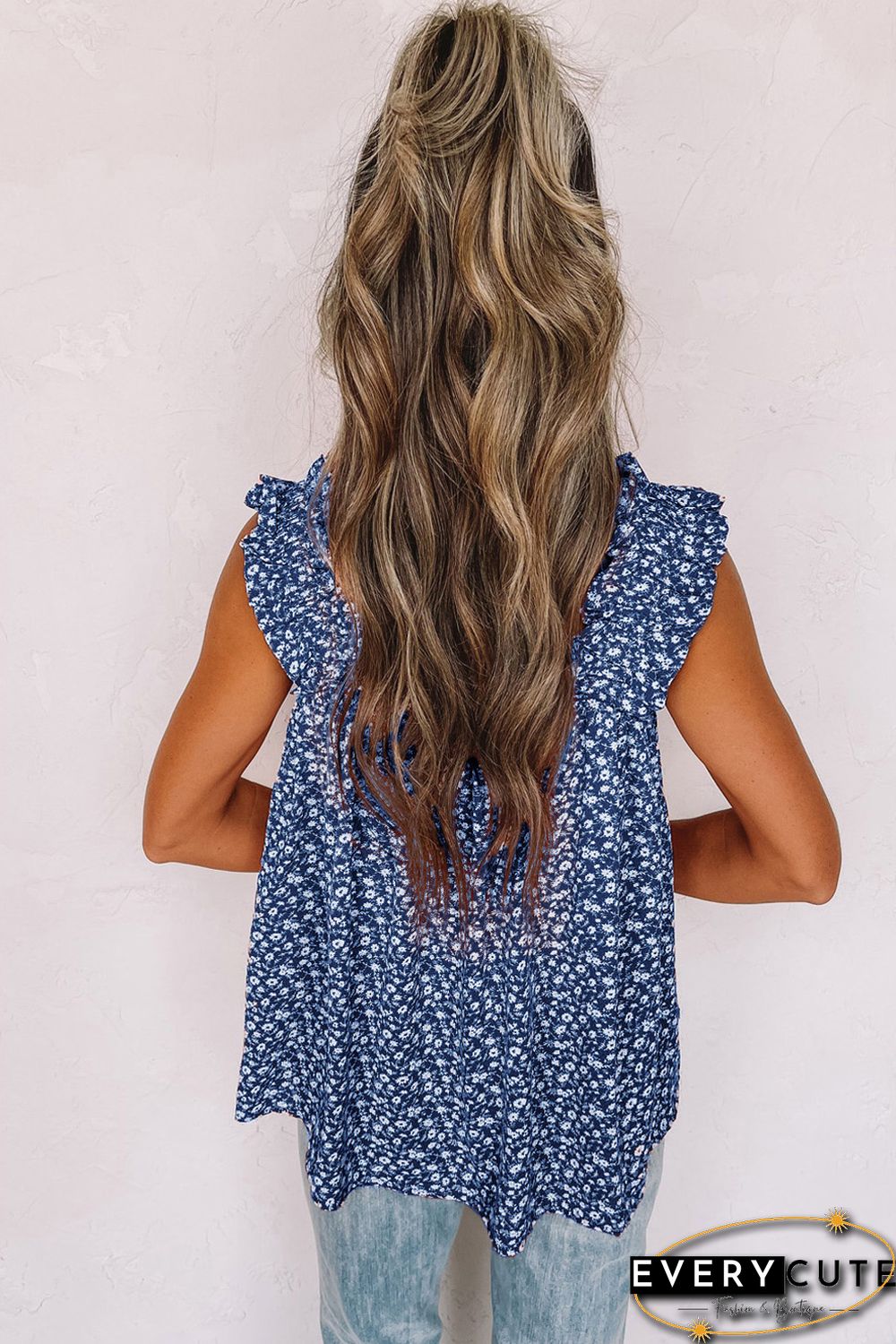 Sky Blue Floral Ruffled Straps Flowy Tank Top