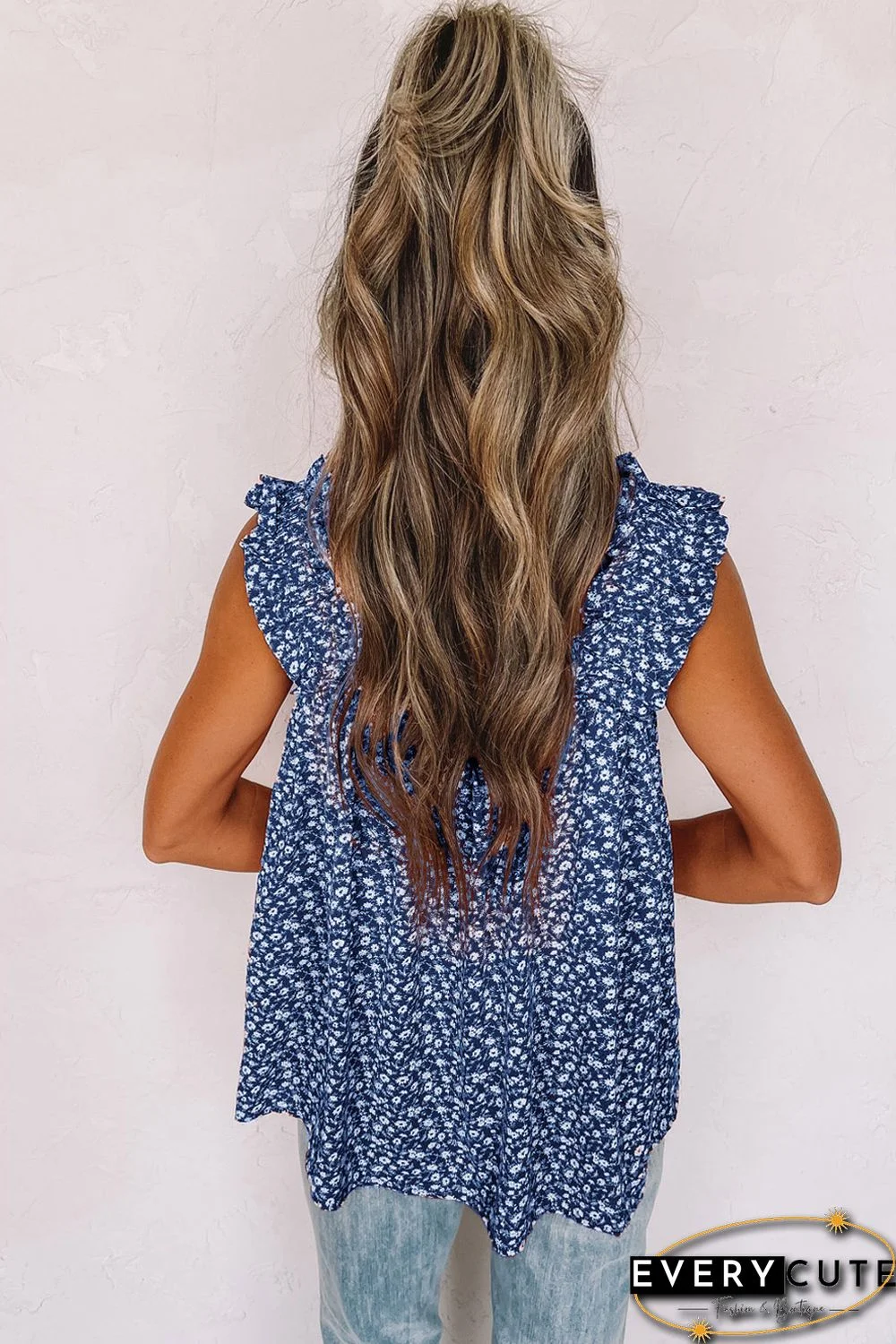 Sky Blue Floral Ruffled Straps Flowy Tank Top