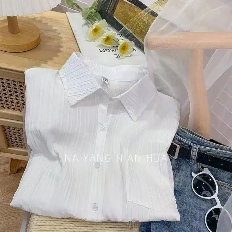 Uveng Uveng Chic Texture Folds Loose Long-Sleeved Shirt Women Spring Fresh Design Sense Inside And Outside Wear On