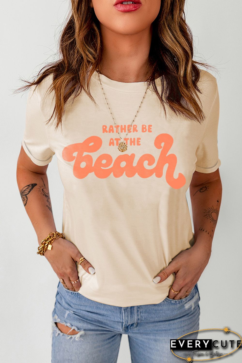 Khaki RATHER BE AT THE BEACH Letters Crew Neck Tee