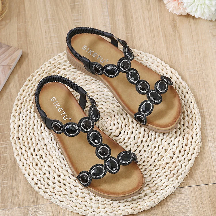 vanccy  Sandals Bohemian Rhinestone Comfortable  Holiday Shoes BS01 QueenFunky