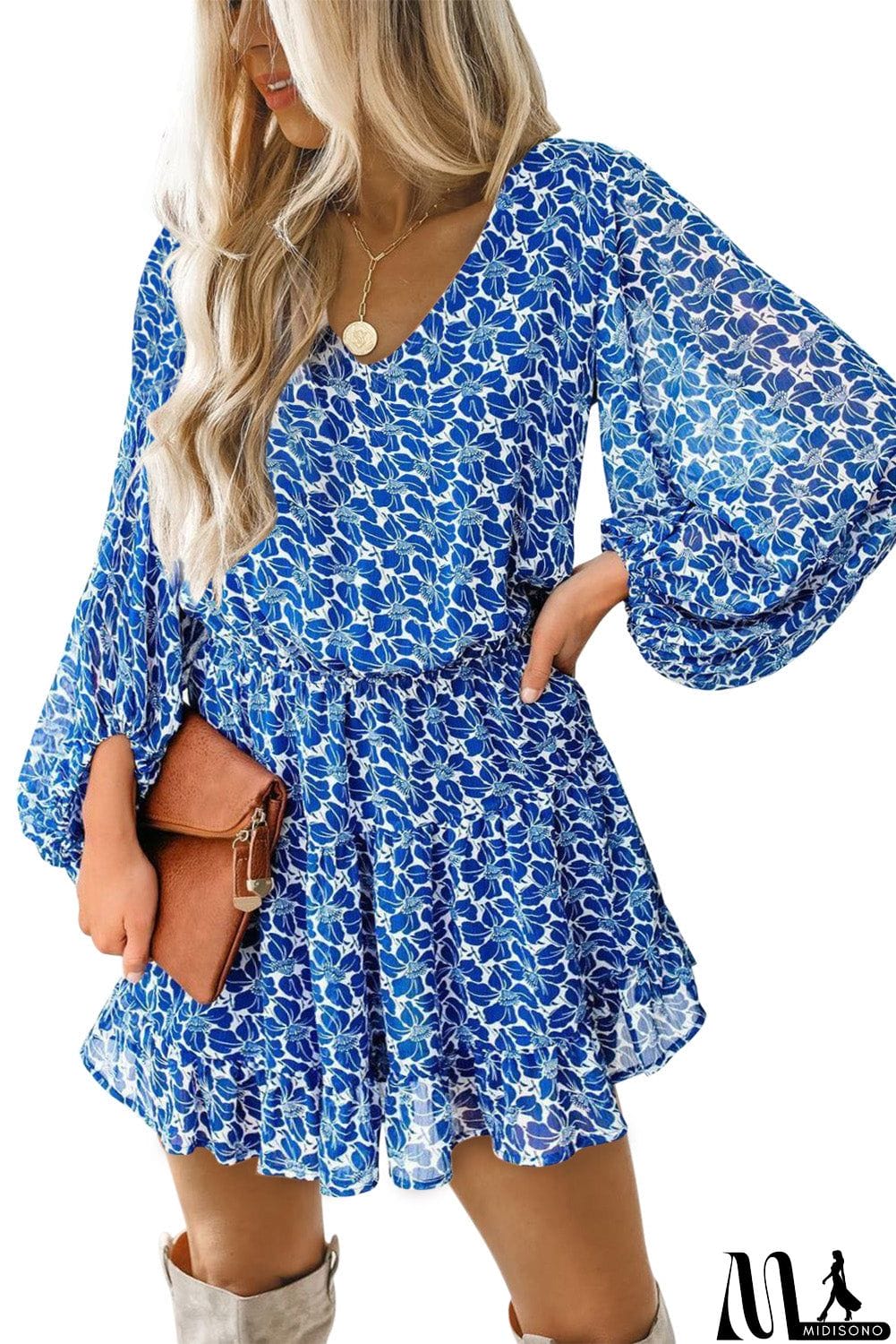 MidiSono - V Neck Lantern Sleeves Floral Tunic Dress