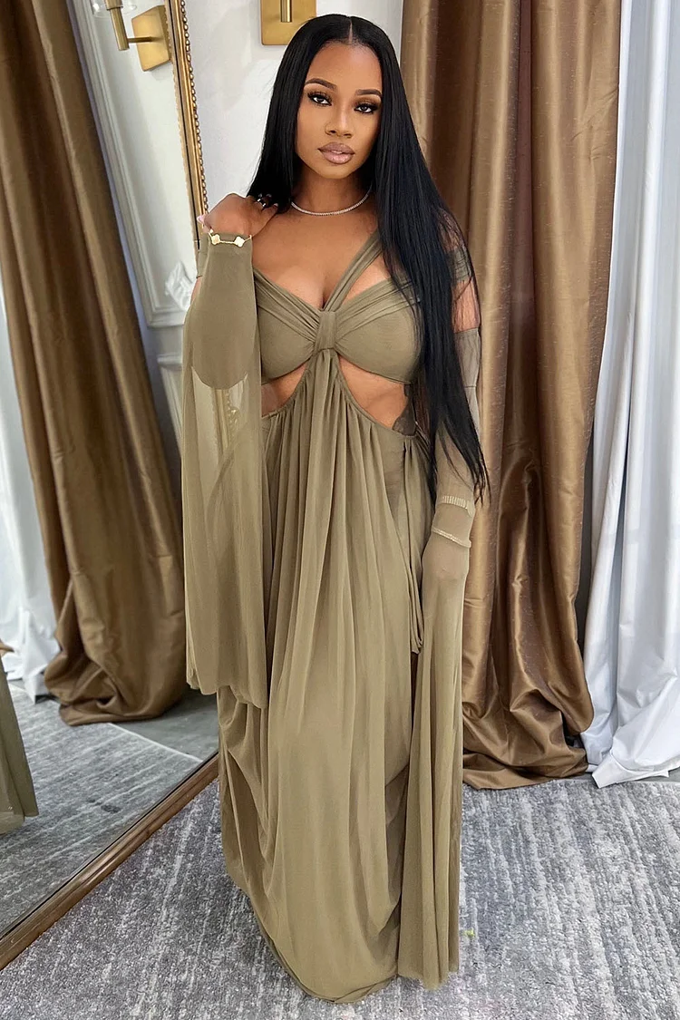 Sash Decor Cutout Semi-Sheer Mesh Vacation Maxi Dresses-Orange[Pre Order]