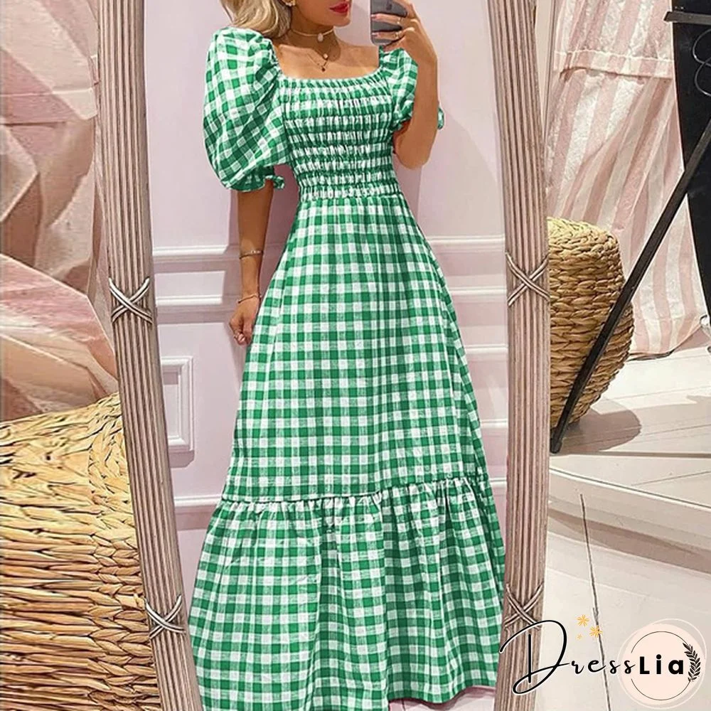 Women Puff Sleeve Square Neck Vintage Checked Plaid Maxi Dress Holiday Party Prom Dresses Kleid Plus Size