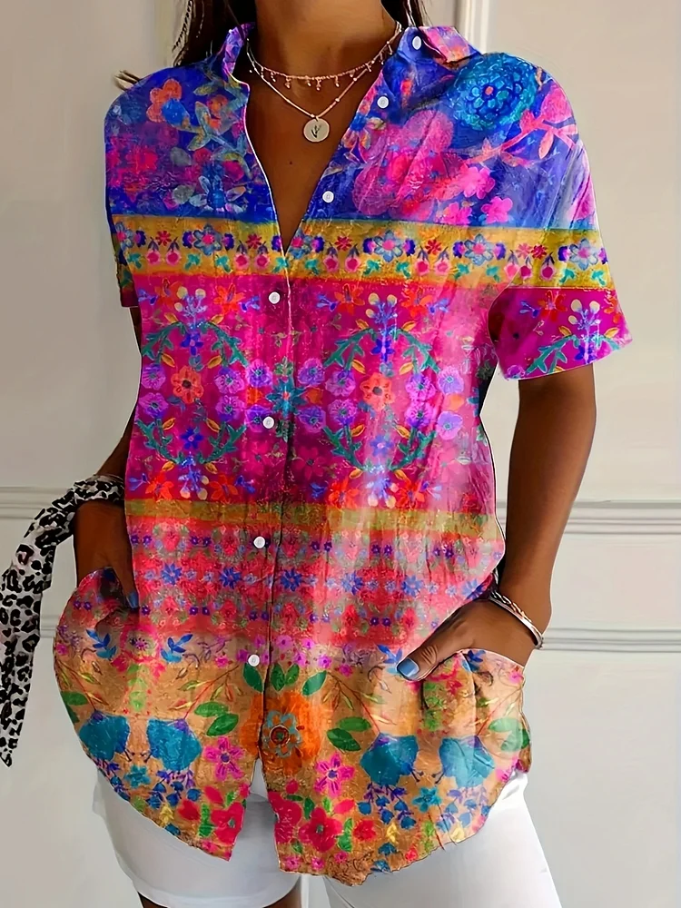 Women's Vibrant Floral Print Short Sleeve Button-Up Shirt - Casual Hawaiian-Style, Short Sleeve, Summer Top With Short Pockets, Casual Attire | Vibrant Print Shirt | Short Sleeve Shirt