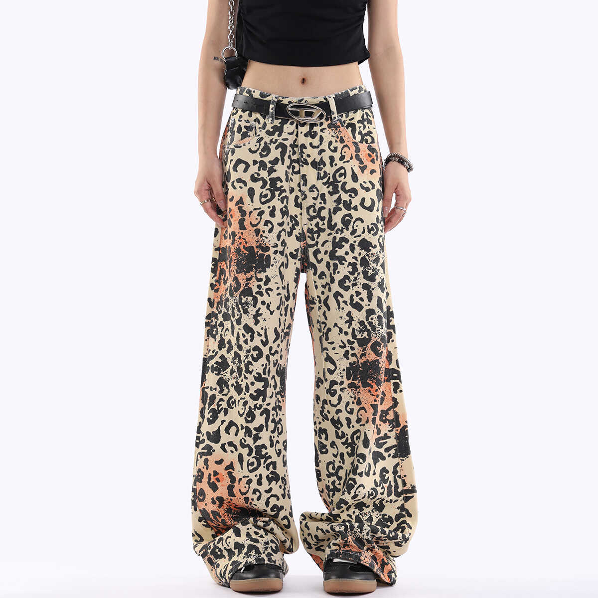 leopard print pants women's 2025 new straight hip-hop casual pants jeans