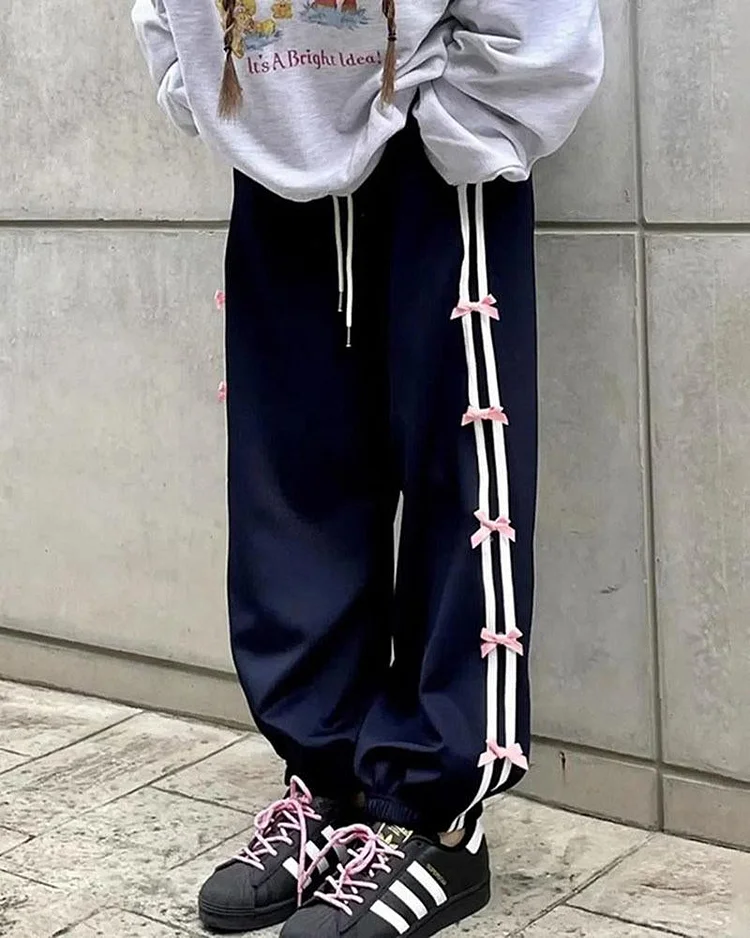 Bow Embellished Casual Sports Pants