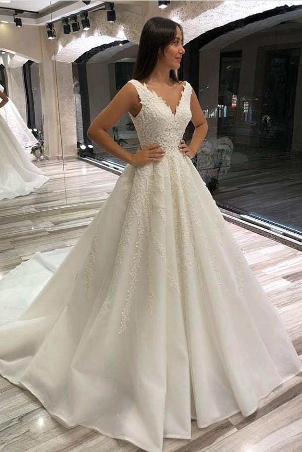 Elegant V-neck Sleeveless Long A-line Wedding Dress With Lace | Ballbellas Ballbellas