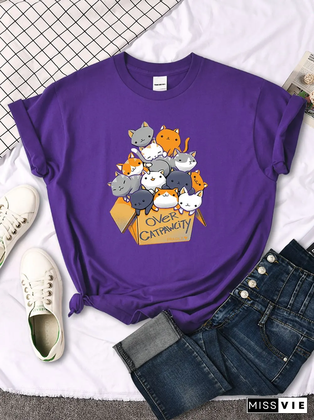 Womany Cats Gathered In The Printing Woman Tshirt Leisure Creativity T Shirt Summer Newtop Crewneck Breathable Woman T Shirts