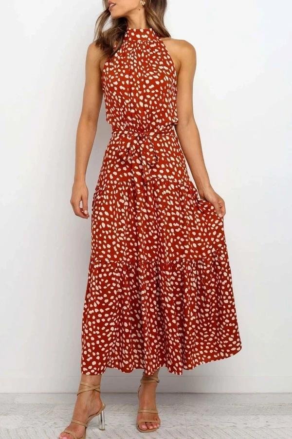 Womens Sleeveless Polka Dot Round Neck Dress-Allyzone-Allyzone