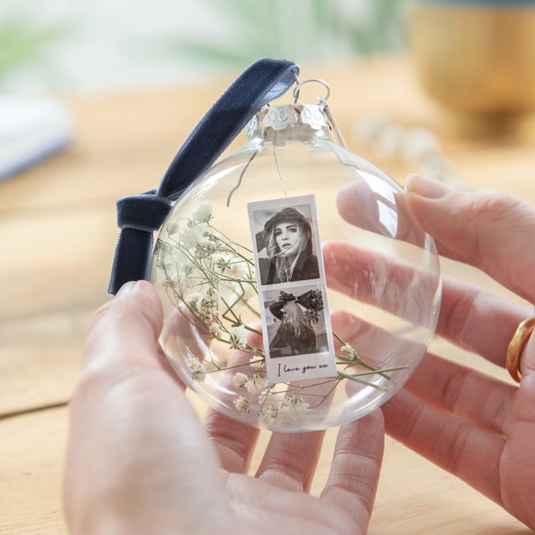 Adornos Bola transparente 2 fotos Personalizadas con 1 texto