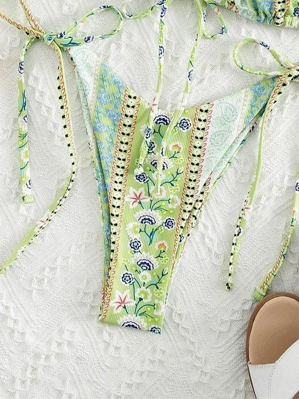Brownm Ethnic Floral Lace Up Bikini Set