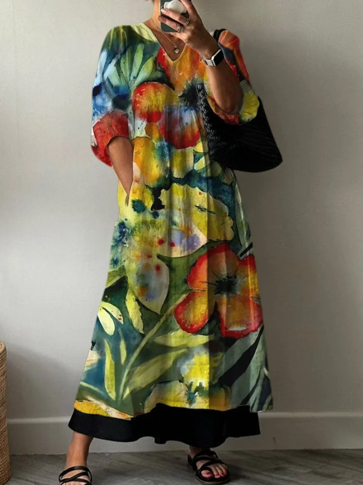 Watercolor Blooming Flower Decorative Pattern Pocket V-neck Cotton Dress