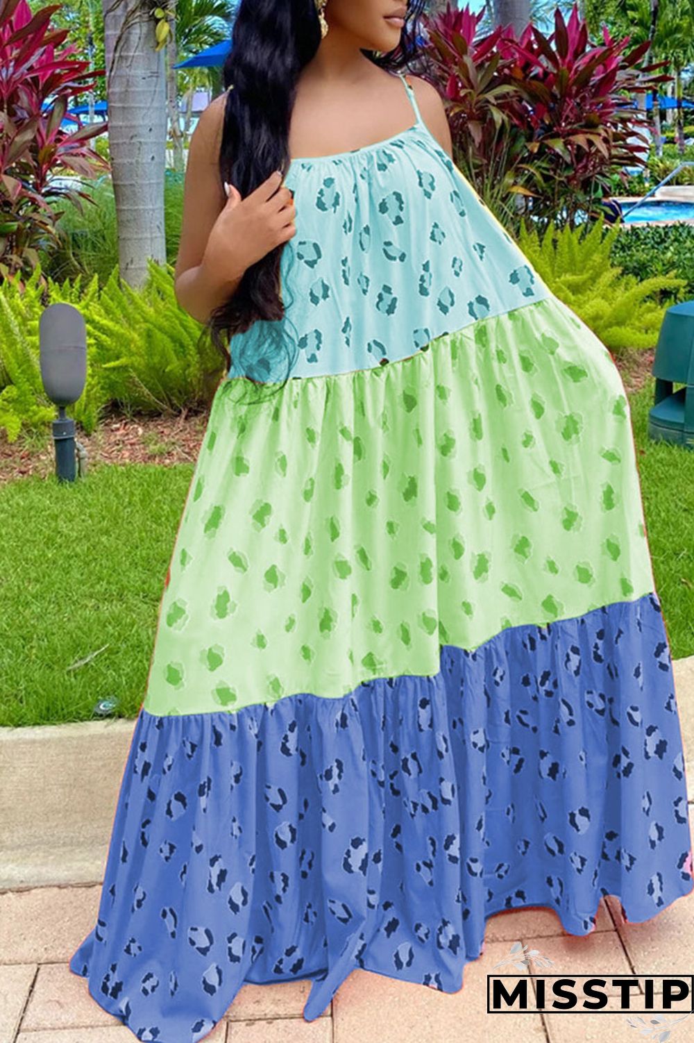 Blue Casual Sweet Print Patchwork Spaghetti Strap A Line Dresses