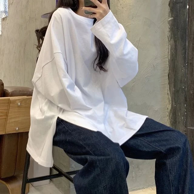 Round Plain Long-Sleeve T-Shirt Oversized Slit Neck