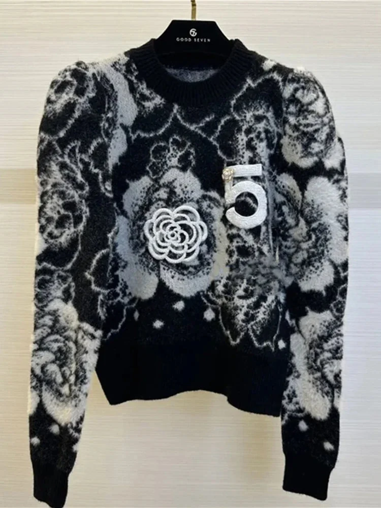 Huiketi Winter Pearl Diamond Rose Cashmere Sweater Luxury Jumpers Women Crochet Figure 5 Jacquard Knitted Pullovers Knitwear