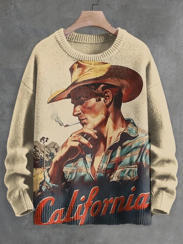 Men's Vintage California Western Cowboy Print Knit Sweatshirt