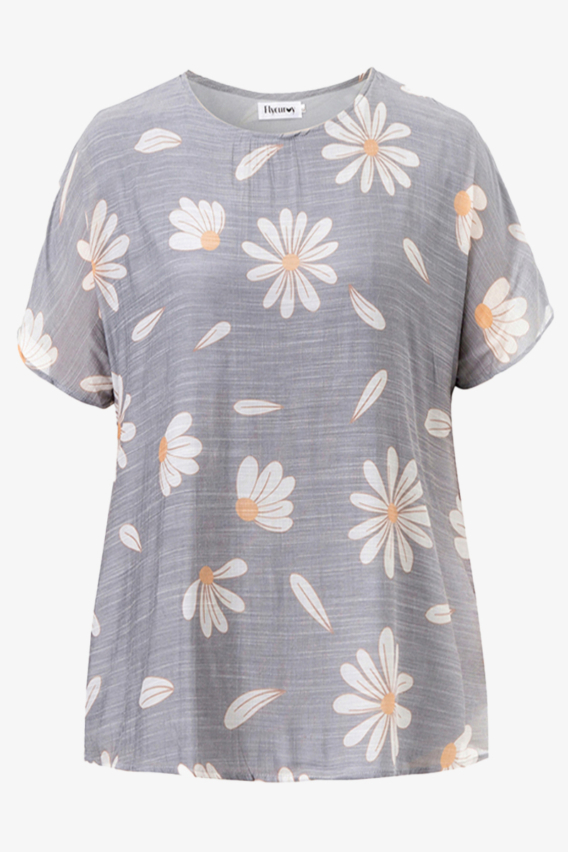Flycurvy Plus Size Casual Grey Cotton And Linen Floral Print Short Sleeve Blouses 2024 - Flycurvy 