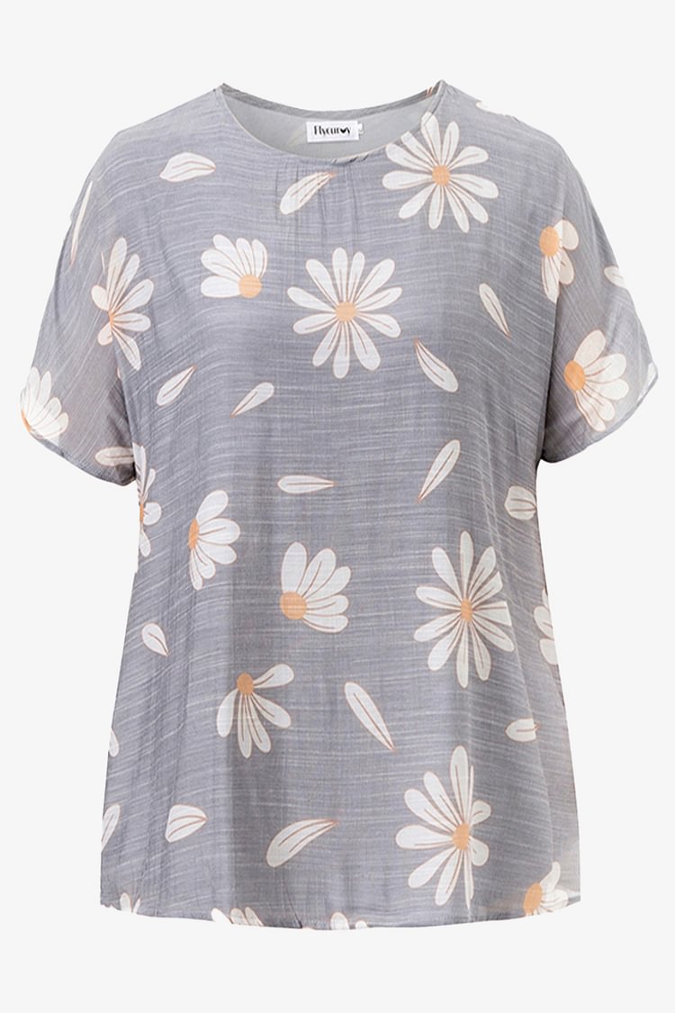 Flycurvy Plus Size Casual Grey Cotton And Linen Floral Print Short Sleeve Blouses FlyCurvy flycurvy [product_label]