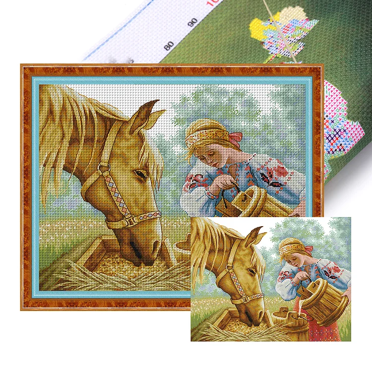 Joy Sunday-Girl Feeding Horse (44*37cm) 14CT Stamped Cross Stitch gbfke
